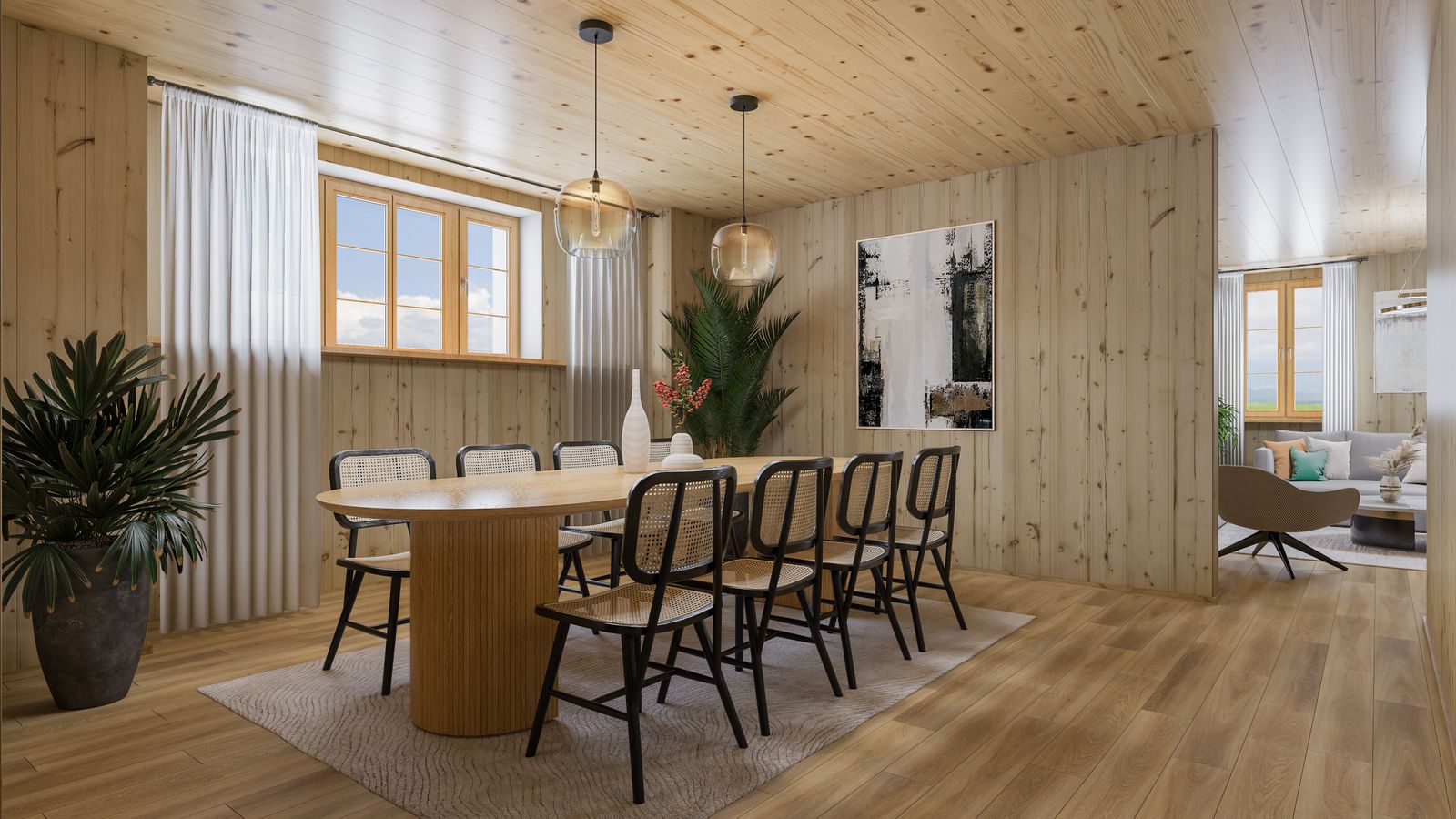 Séjour du 5,5 pièces au rez, boiseries et plafond en bois